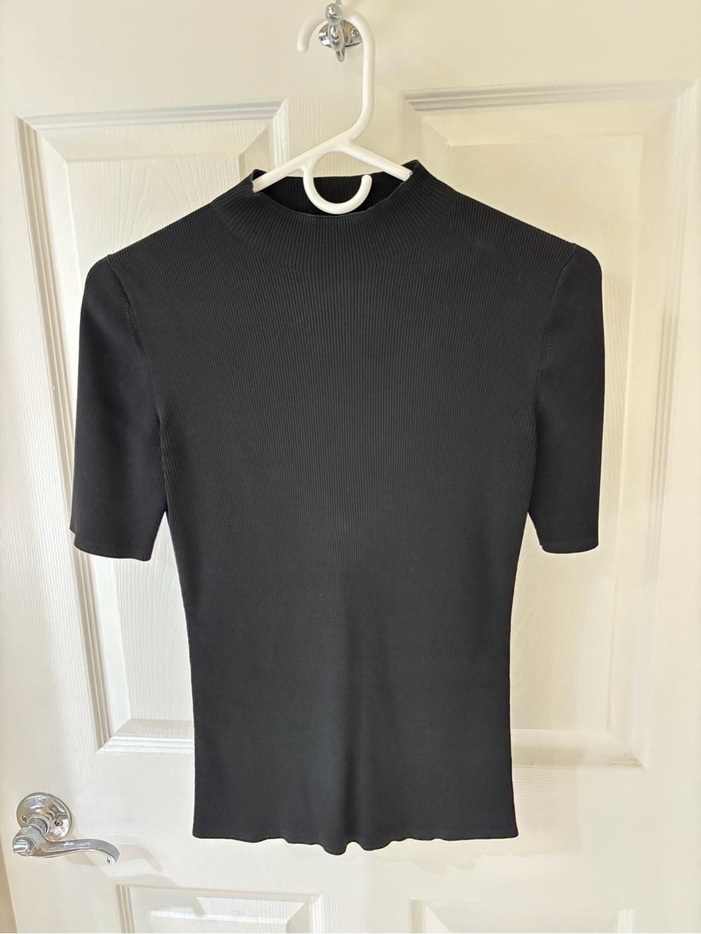 Theory Black Ribbed Short-Sleeve Mock Neck Top